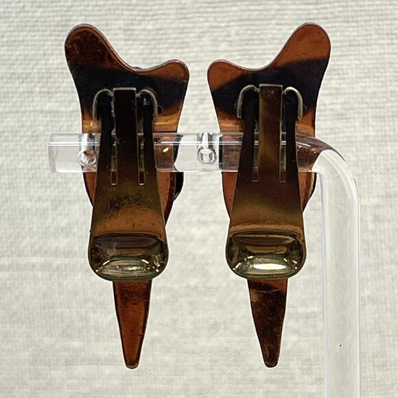 Hand-Carved Cut Copper w/ Melted Gold Tone Design Metal Clip-On Unique Earrings - Picture 2 of 4